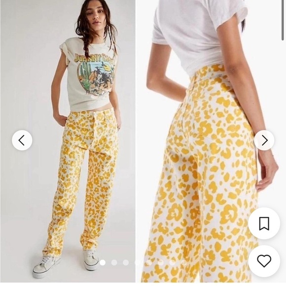 MOTHER Denim - MOTHER The Curbside Heel Fray Straight Leg Jeans Sz 26 Floral Leopard Yellow